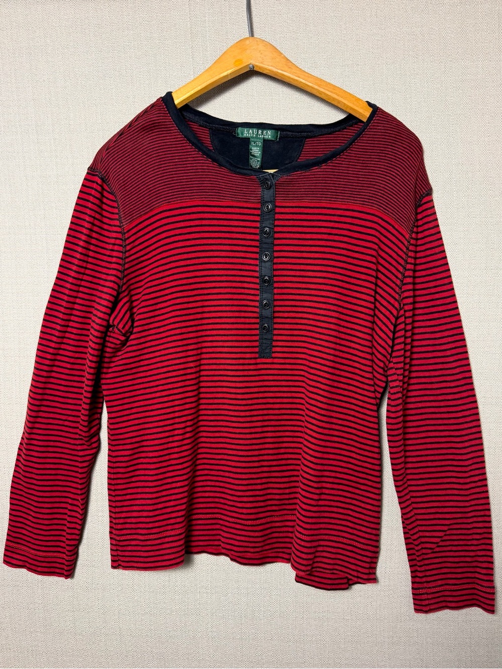 Vintage Lauren Ralph Lauren Striped Henley Top Red Black Cotton Y2K XL